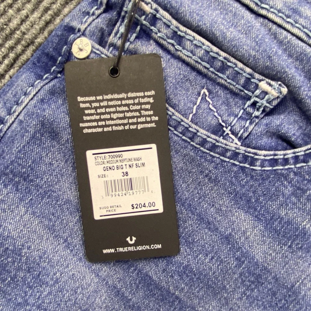 True Religion Geno Relaxed Slim Jeans Mens 38 Blue Denim Big T Stitch Y2K